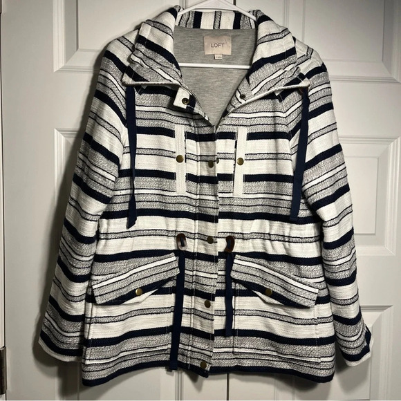 Loft Breton Women's Small Anorak Jacket Nautical Navy Blue & White Striped - Picture 1 of 10